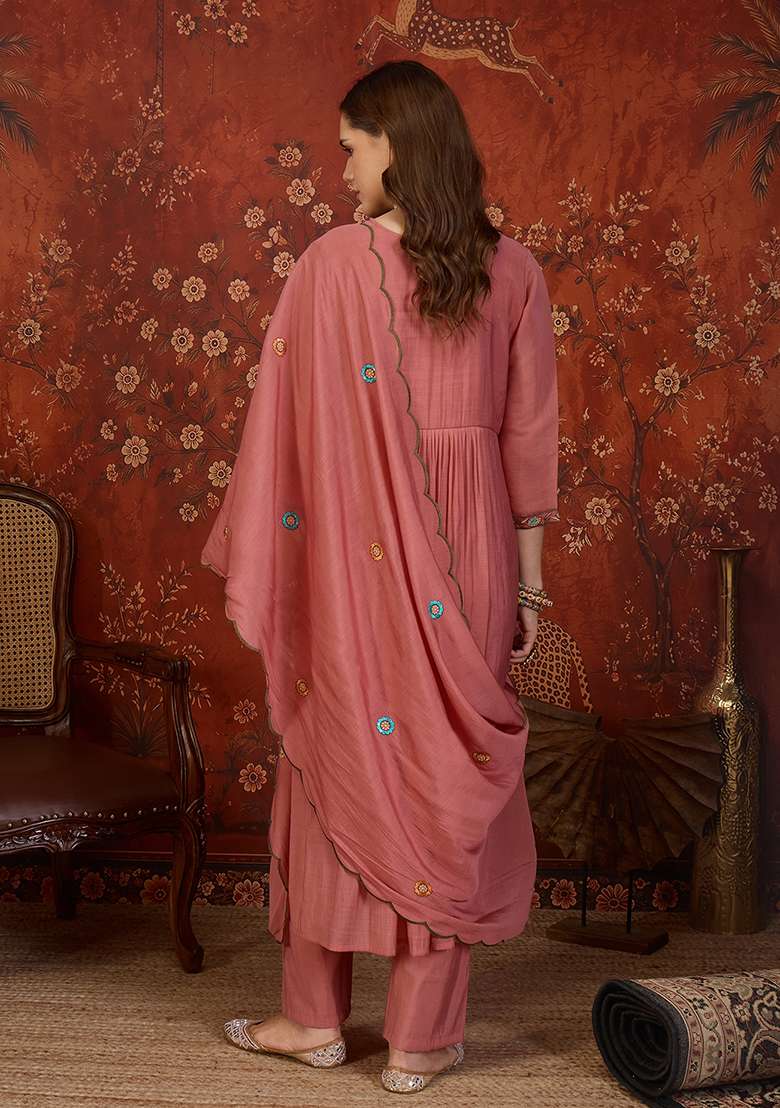 Peach Embroidery Cotton Kurta Set - Indya
