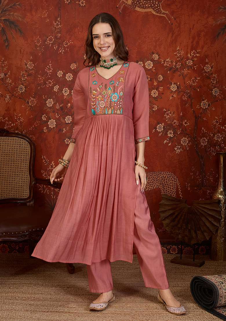 Peach Embroidery Cotton Kurta Set - Indya