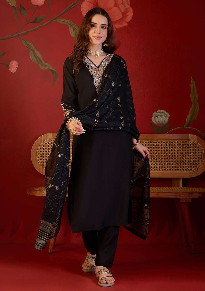 Black Embroidery Cotton Kurta Set - Indya