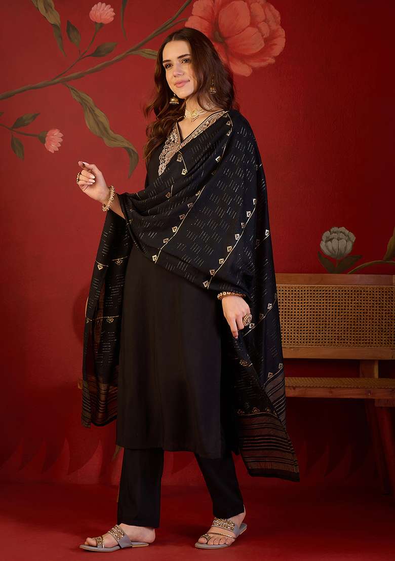 Black Embroidery Cotton Kurta Set - Indya