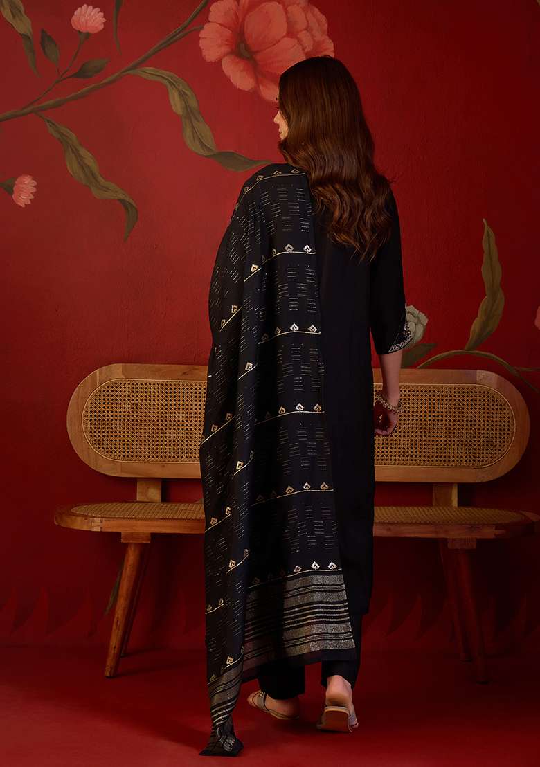 Black Embroidery Cotton Kurta Set - Indya