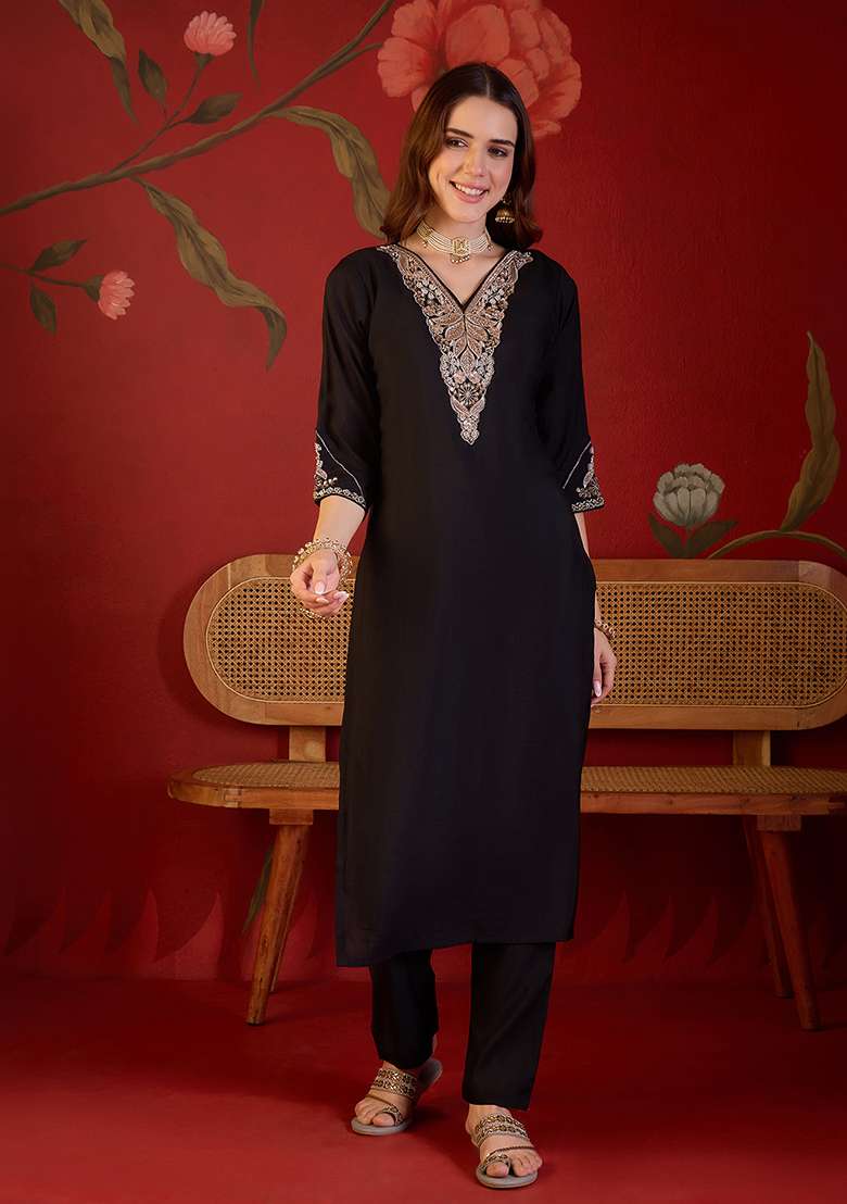 Black Embroidery Cotton Kurta Set - Indya