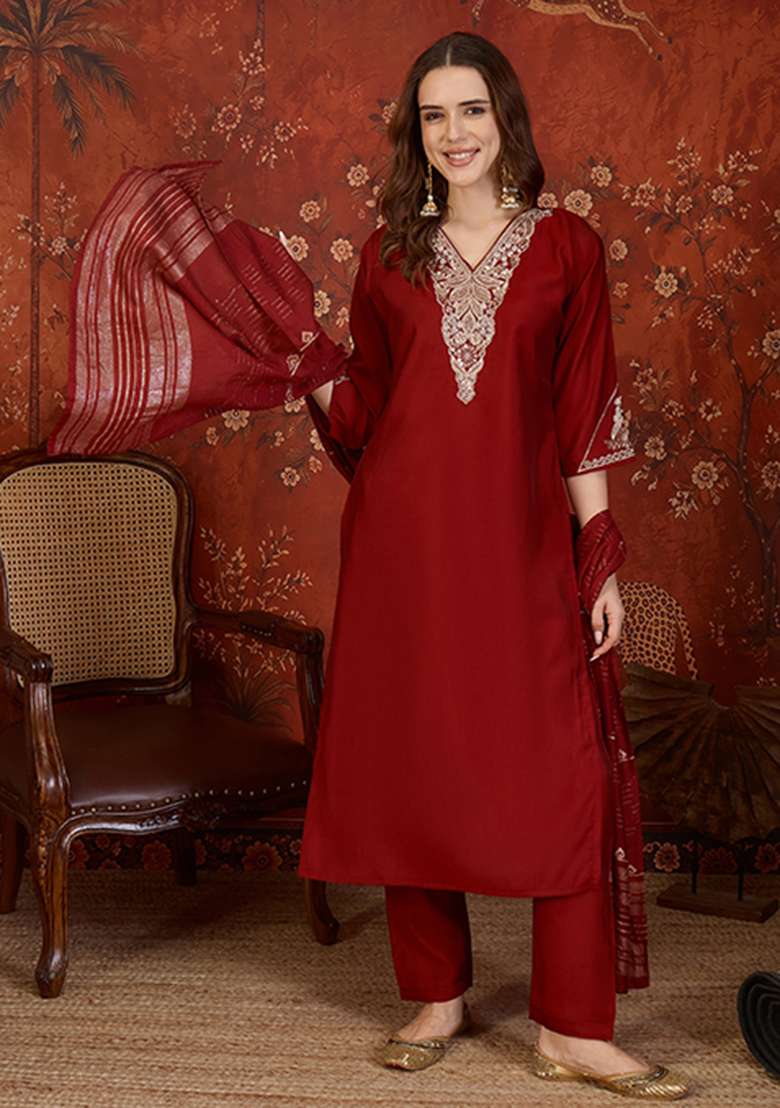 Maroon Embroidery Cotton Kurta Set - Indya