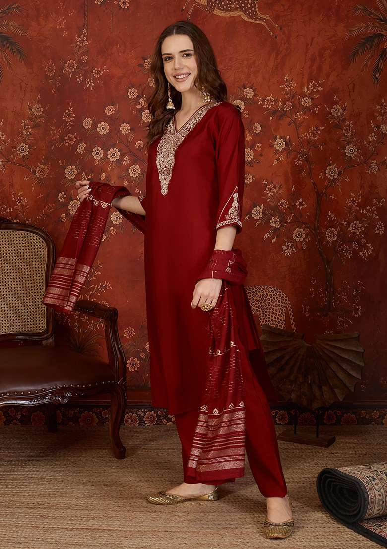 Maroon Embroidery Cotton Kurta Set - Indya