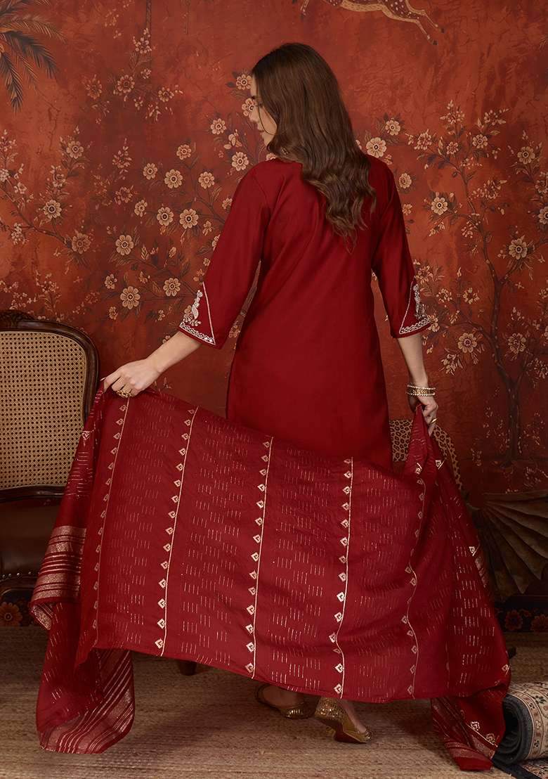 Maroon Embroidery Cotton Kurta Set - Indya