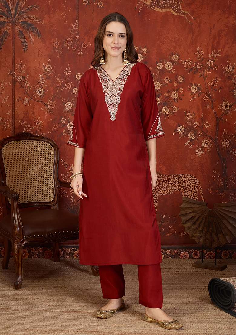 Maroon Embroidery Cotton Kurta Set - Indya