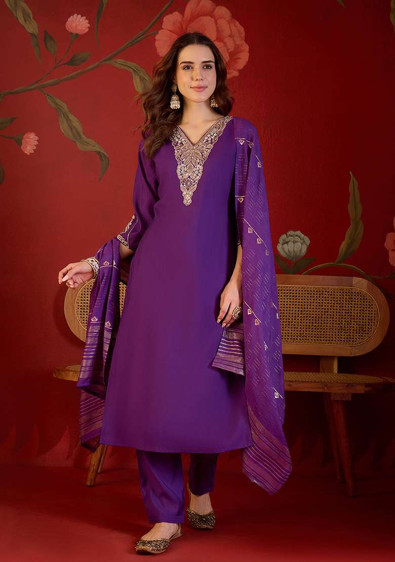 Violet Embroidery Cotton Kurta Set - Indya