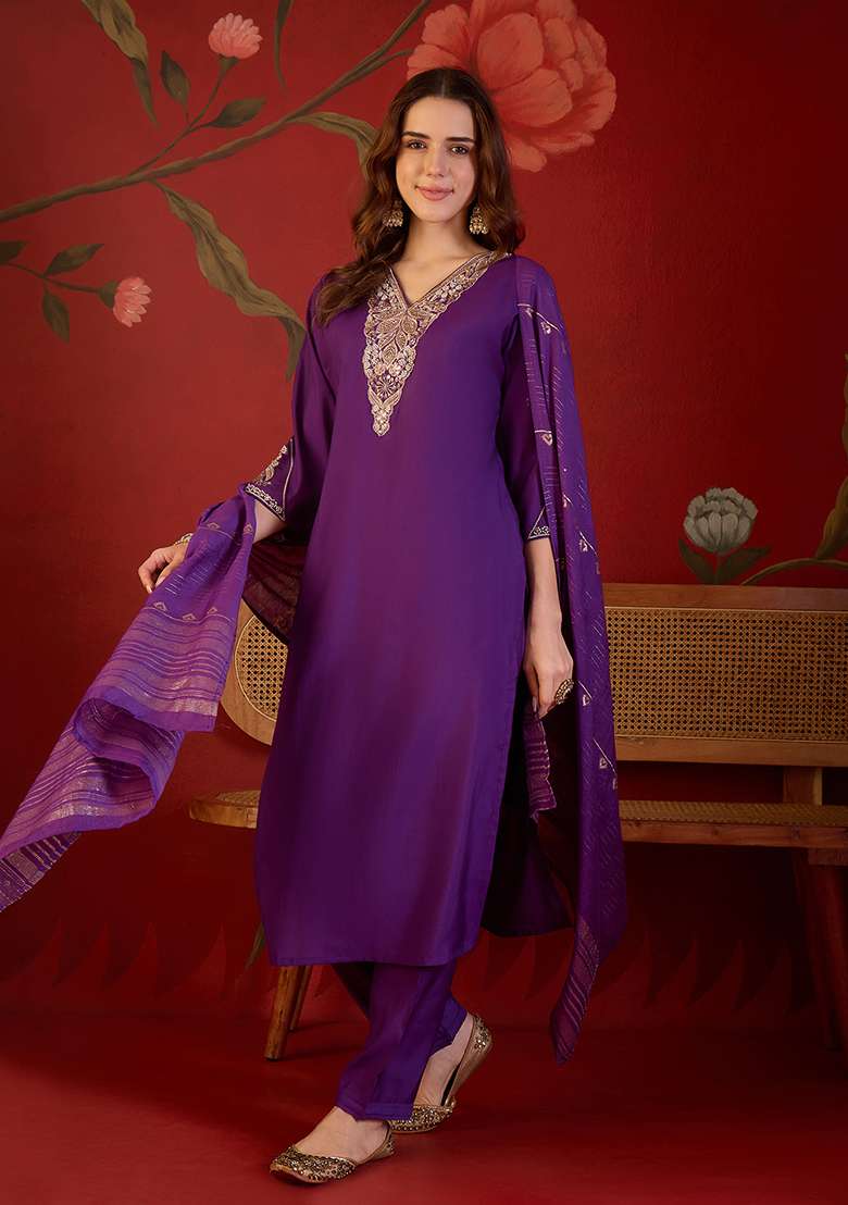 Violet Embroidery Cotton Kurta Set - Indya