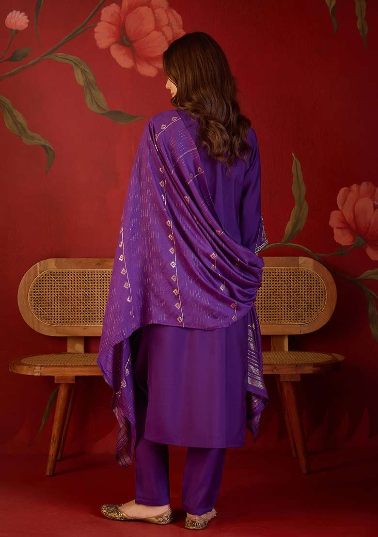 Violet Embroidery Cotton Kurta Set - Indya