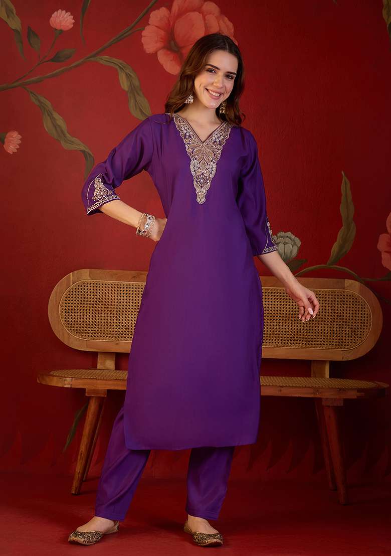 Violet Embroidery Cotton Kurta Set - Indya
