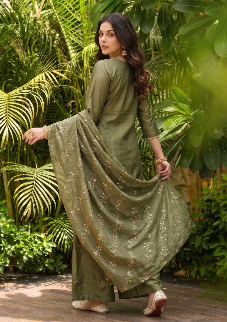 Green Embroidery Silk Sharara Set - Indya