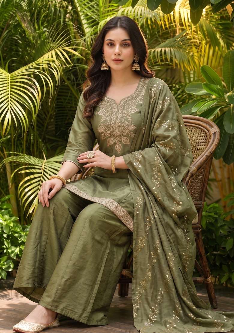 Green Embroidery Silk Sharara Set - Indya