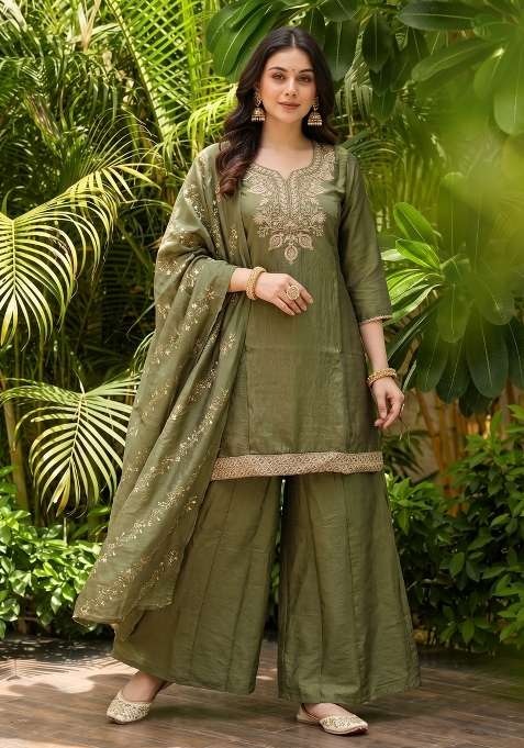 Green Embroidery Silk Sharara Set