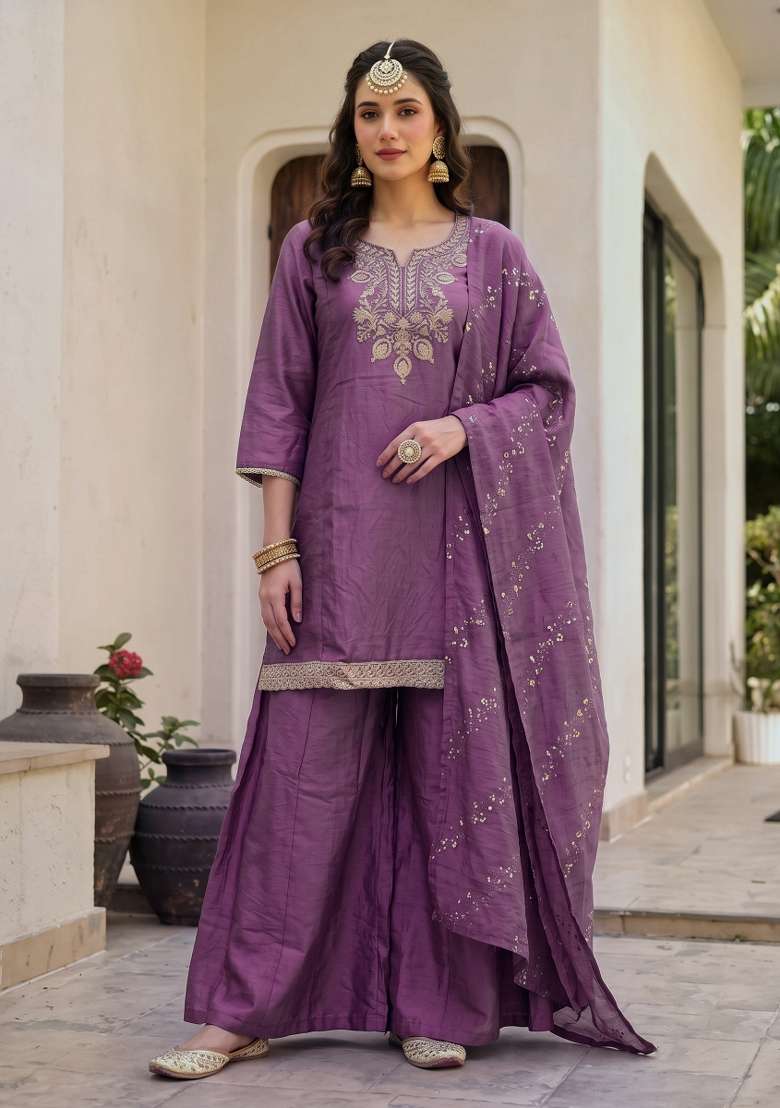 Onion Purple Embroidery Silk Sharara Set - Indya