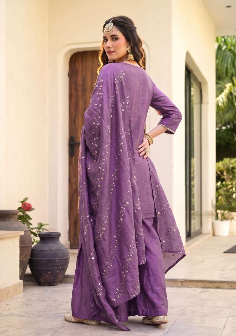 Onion Purple Embroidery Silk Sharara Set - Indya