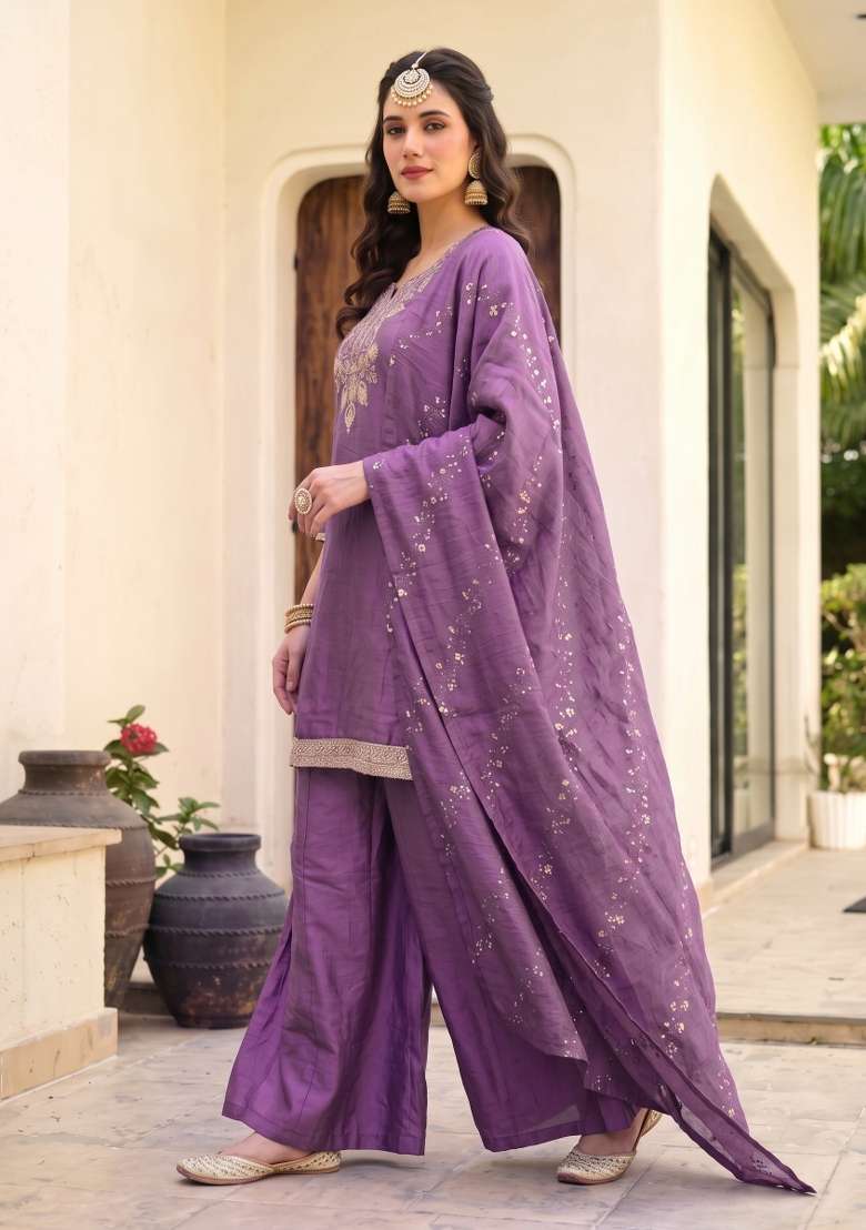 Onion Purple Embroidery Silk Sharara Set - Indya