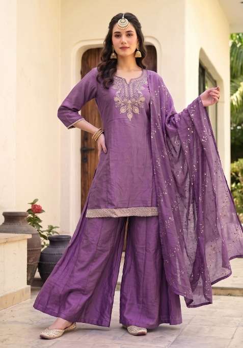 Onion Purple Embroidery Silk Sharara Set