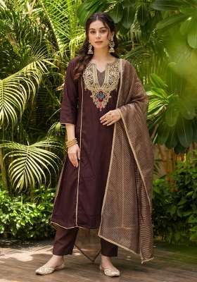 Dark Brown Embroidery Silk Kurta Set