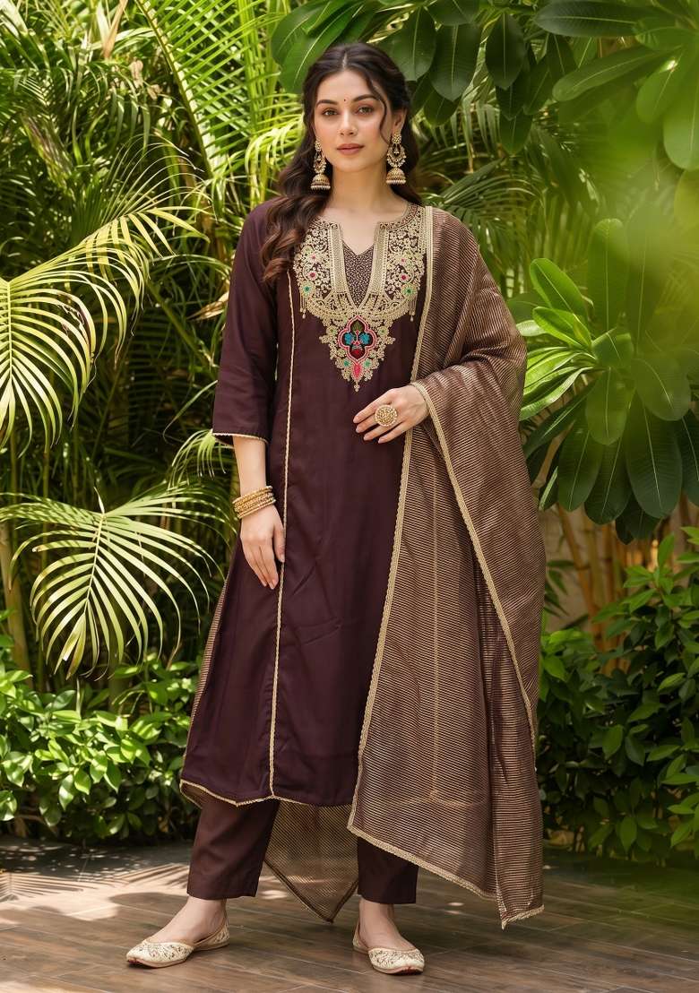 Dark Brown Embroidery Silk Kurta Set - Indya