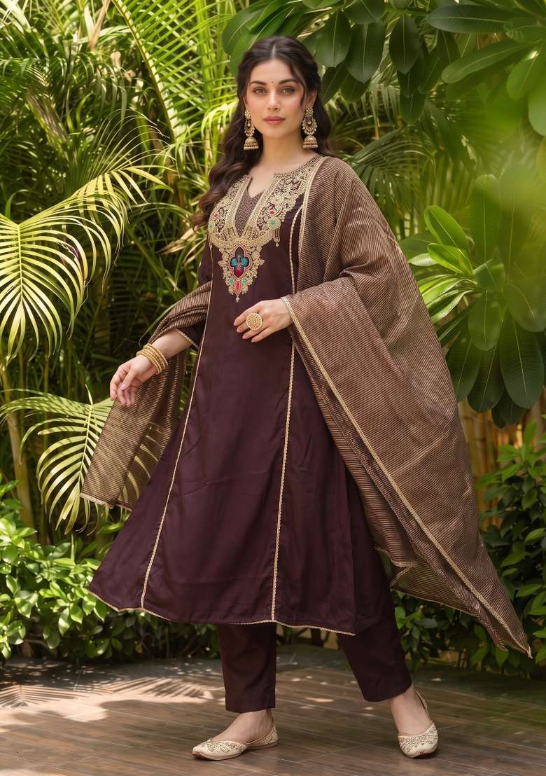 Dark Brown Embroidery Silk Kurta Set - Indya