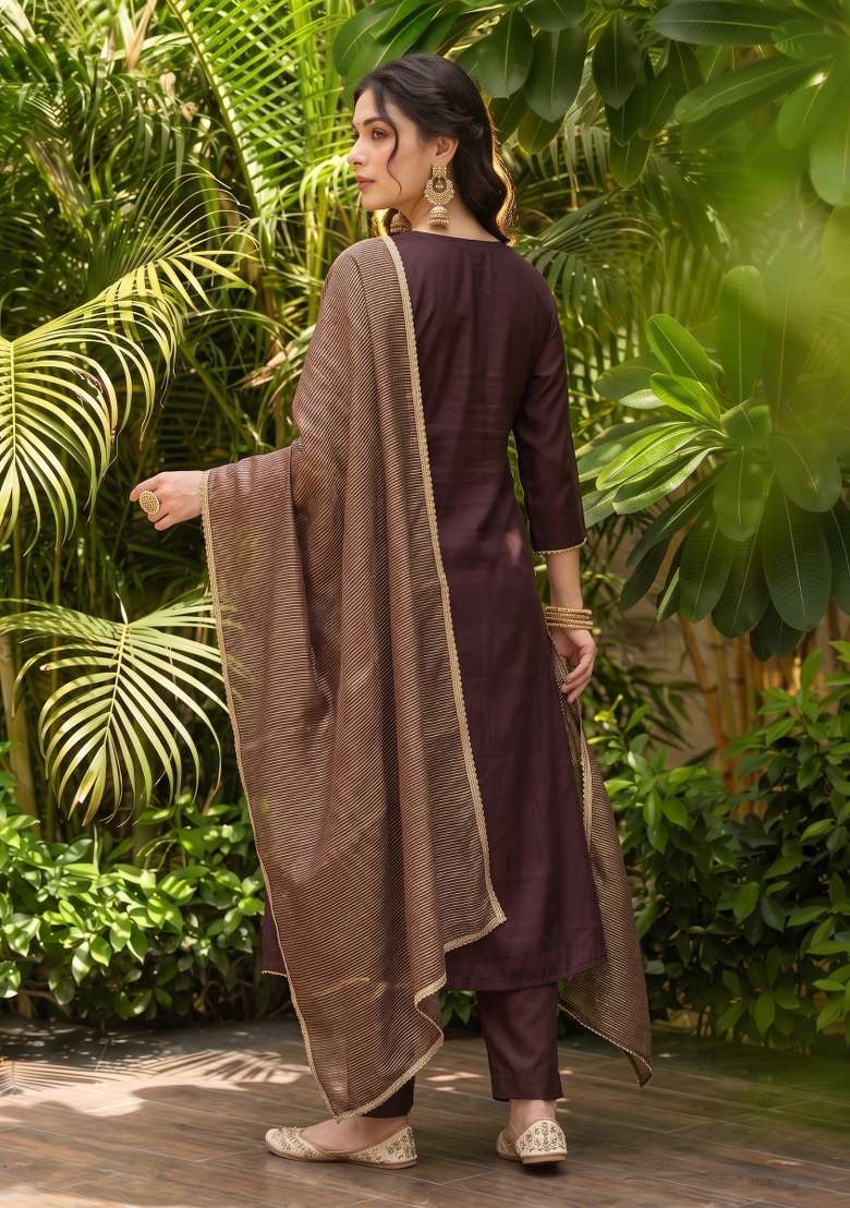 Dark Brown Embroidery Silk Kurta Set - Indya