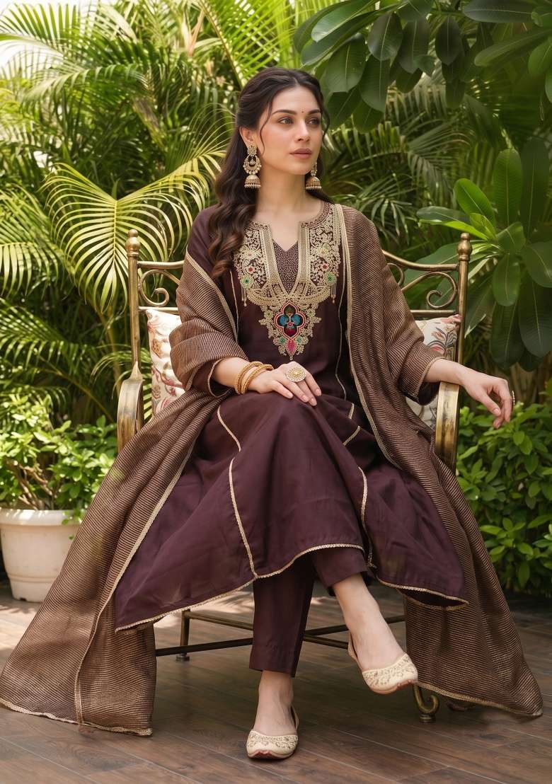 Dark Brown Embroidery Silk Kurta Set - Indya
