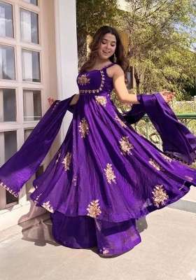 Purple Embroidery Silk Palazzo Set