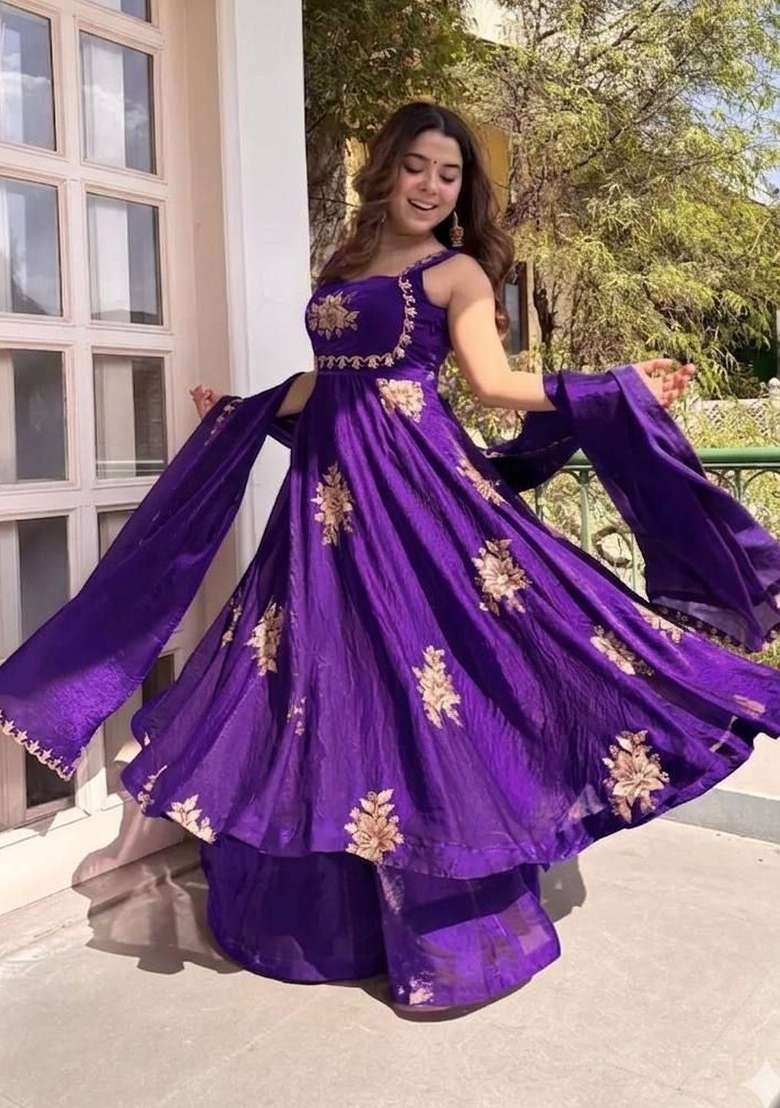 Purple Embroidery Silk Palazzo Set - Indya