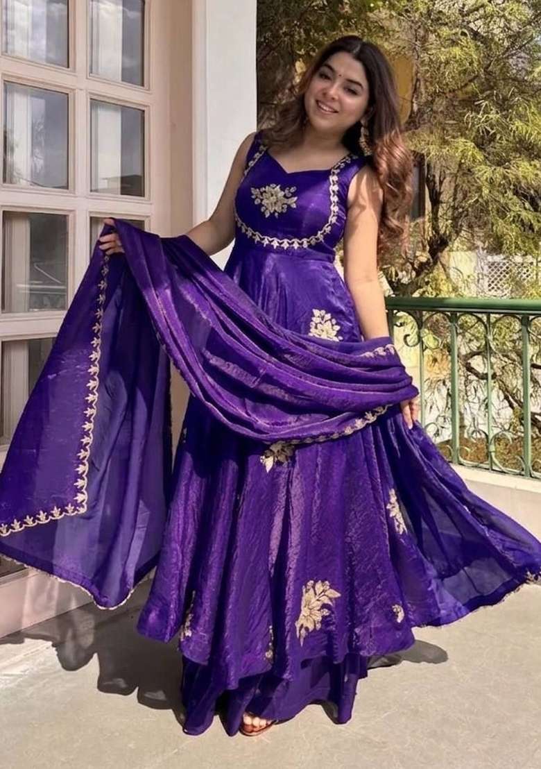 Purple Embroidery Silk Palazzo Set - Indya