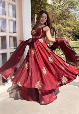 Maroon Embroidery Silk Palazzo Set