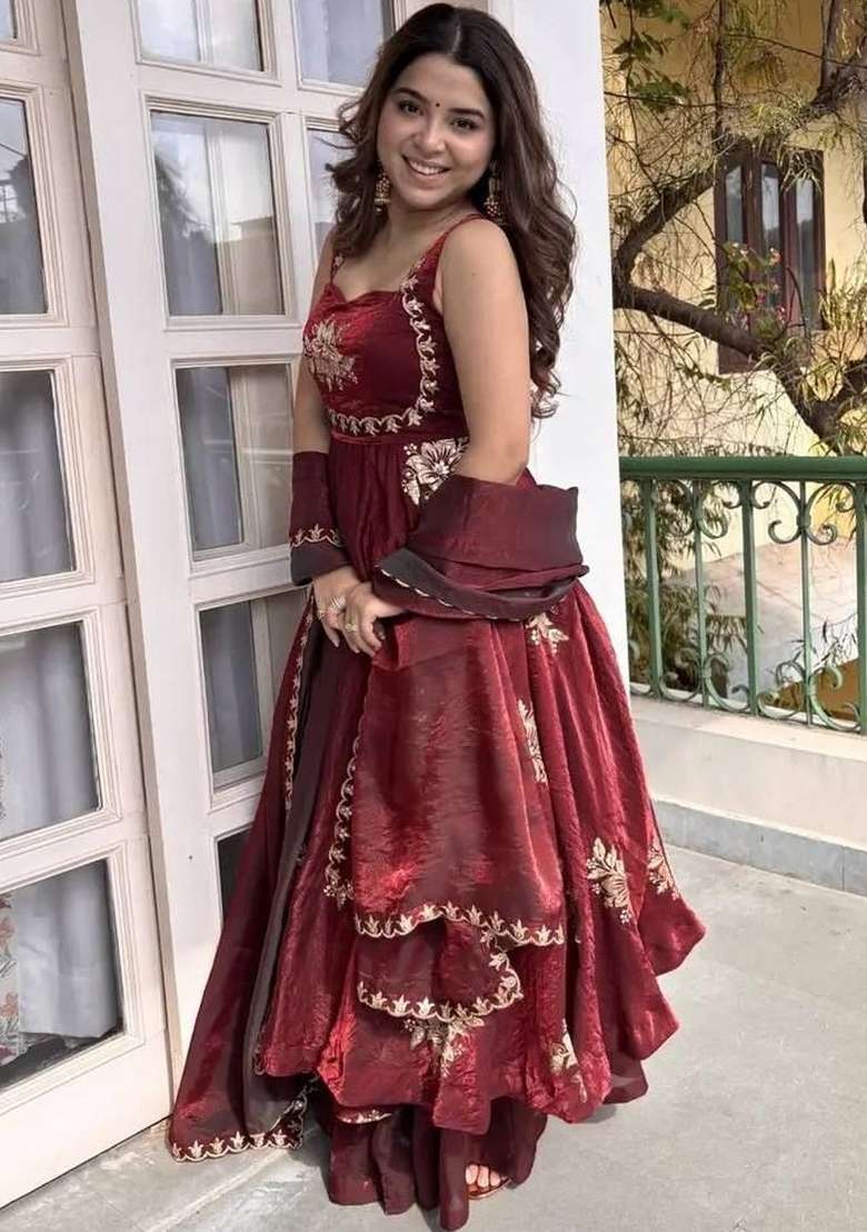 Maroon Embroidery Silk Palazzo Set - Indya
