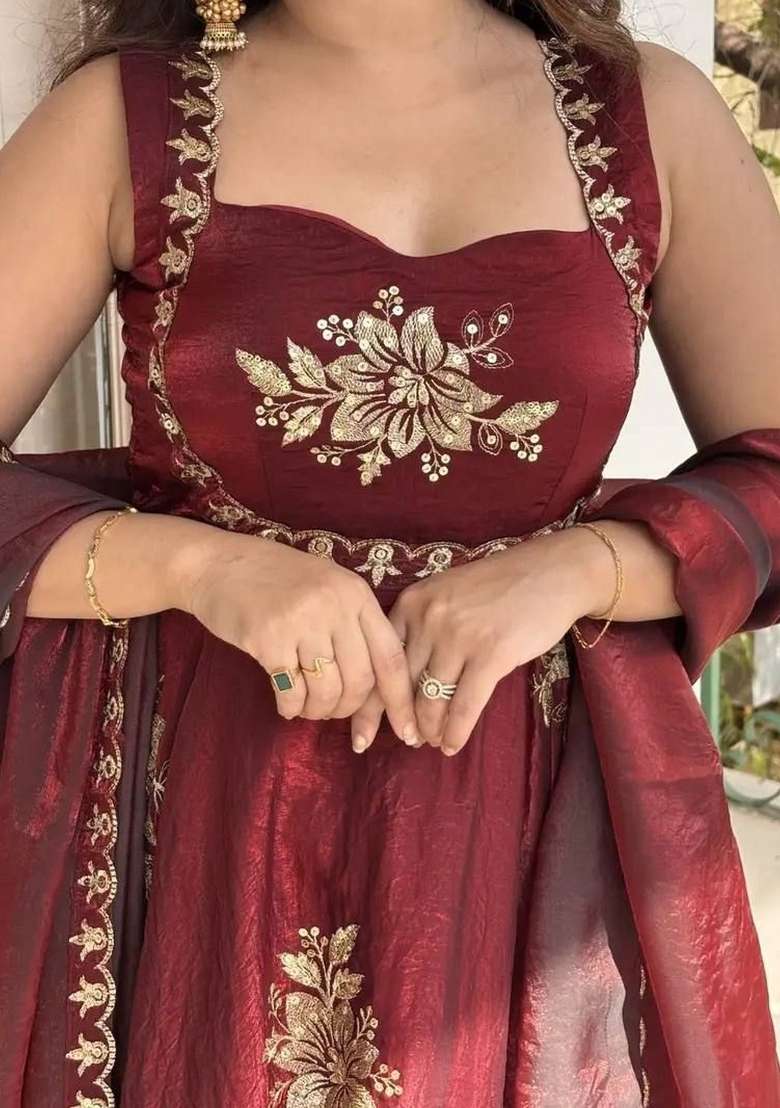 Maroon Embroidery Silk Palazzo Set - Indya