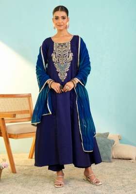 Blue Embroidery Silk Kurta Set