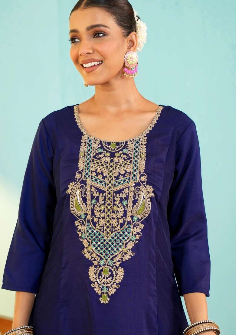 Blue Embroidery Silk Kurta Set - Indya