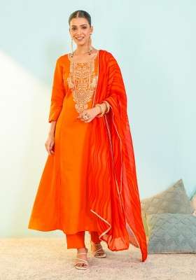 Orange Embroidery Silk Kurta Set