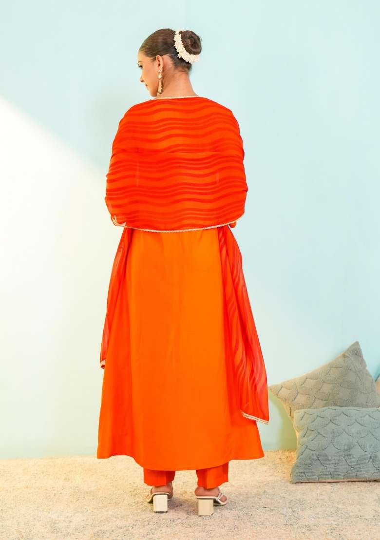 Orange Embroidery Silk Kurta Set - Indya