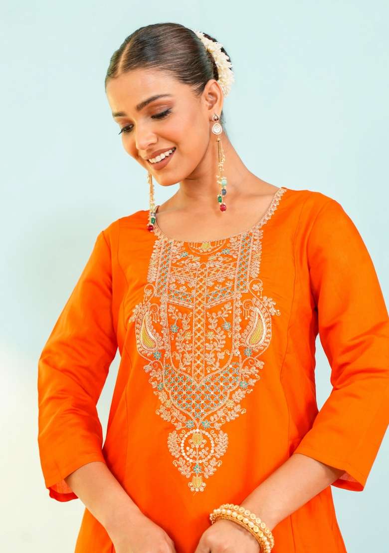 Orange Embroidery Silk Kurta Set - Indya