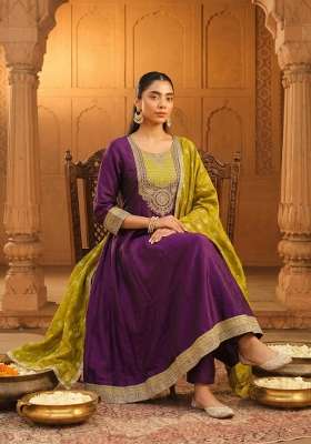 Wine Embroidery Silk Kurta Set