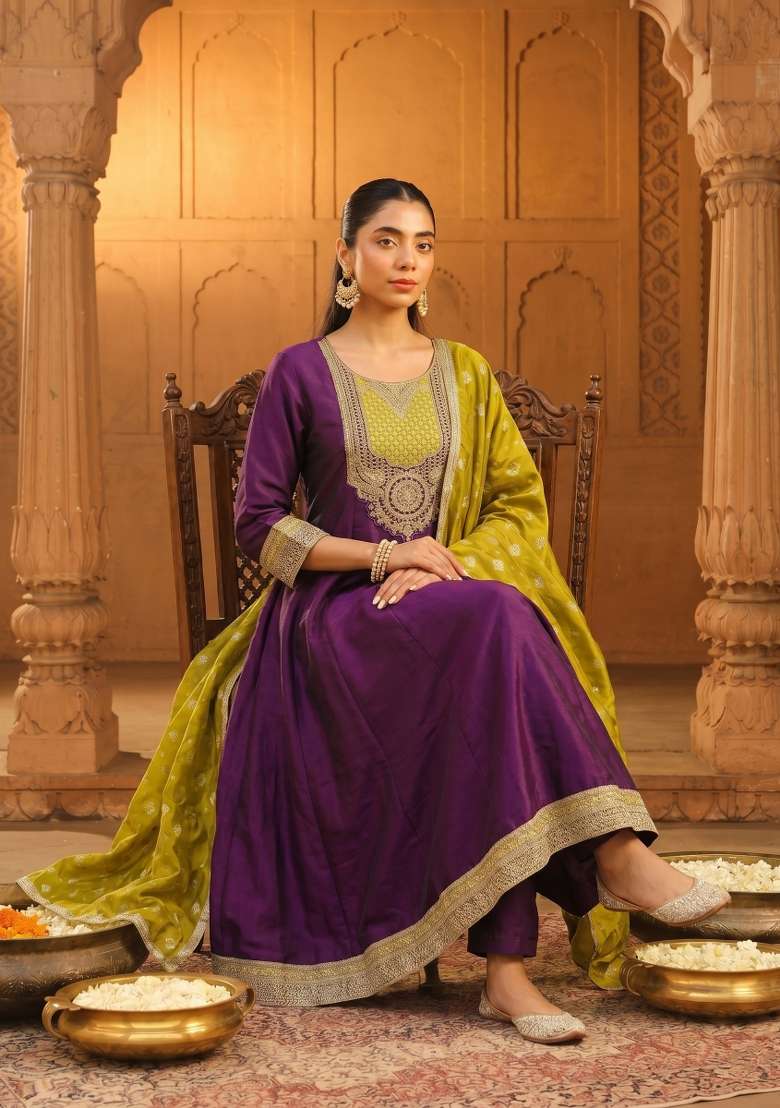 Wine Embroidery Silk Kurta Set - Indya