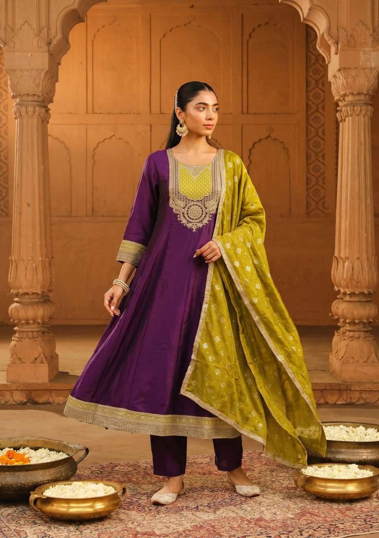 Wine Embroidery Silk Kurta Set - Indya