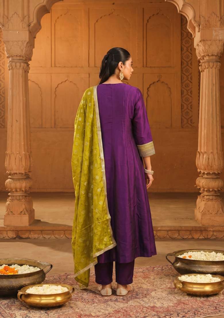 Wine Embroidery Silk Kurta Set - Indya