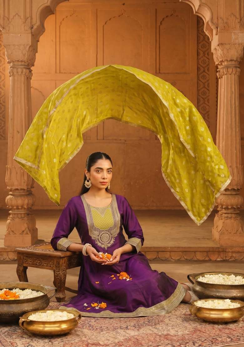 Wine Embroidery Silk Kurta Set - Indya