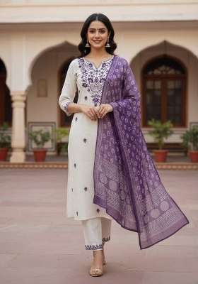 Wine Embroidery Cotton Kurta Set