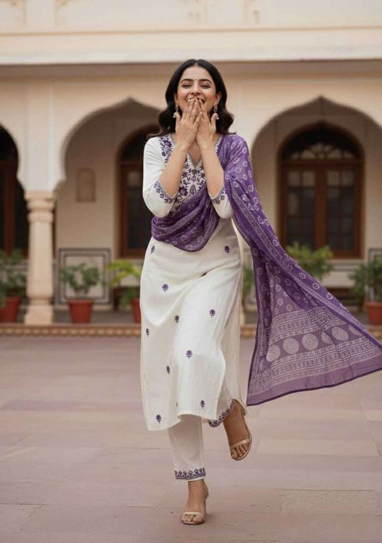 Wine Embroidery Cotton Kurta Set - Indya