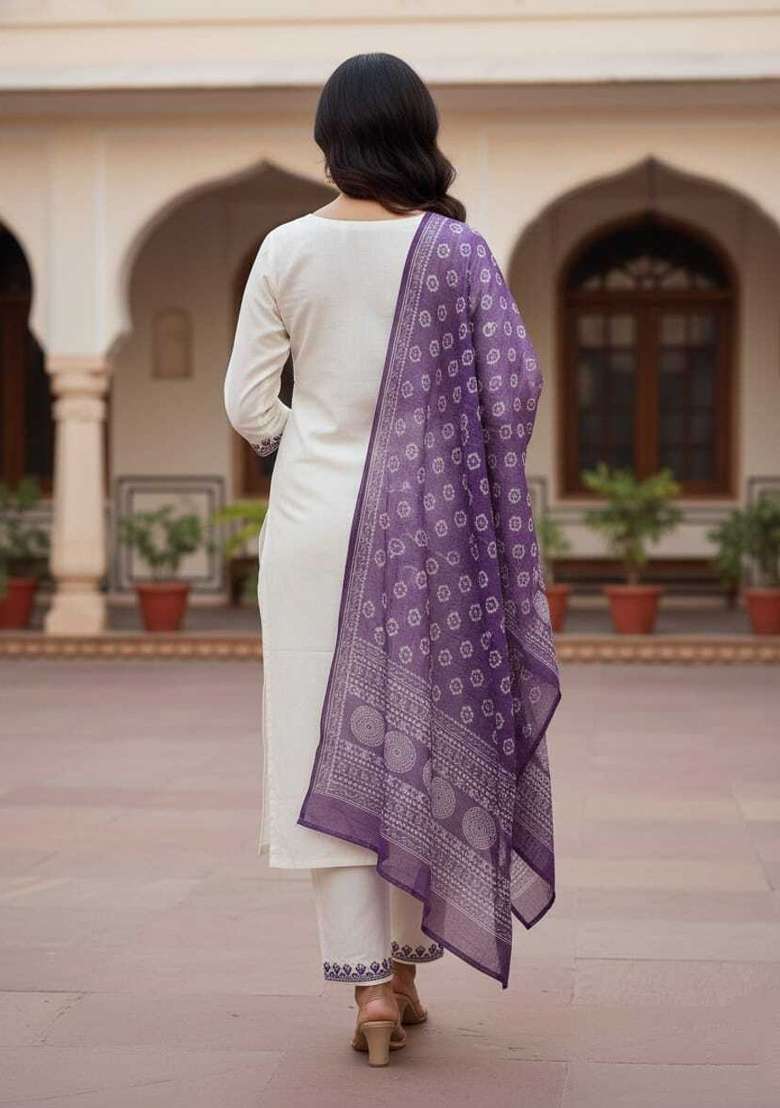 Wine Embroidery Cotton Kurta Set - Indya