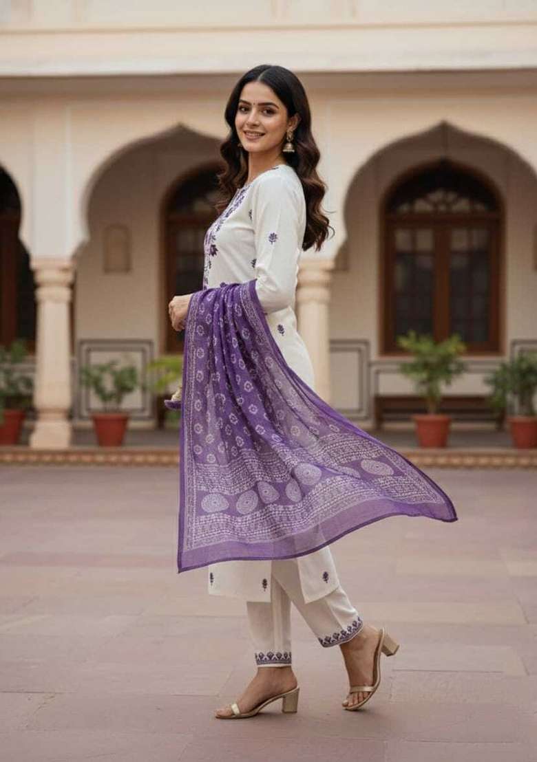 Wine Embroidery Cotton Kurta Set - Indya