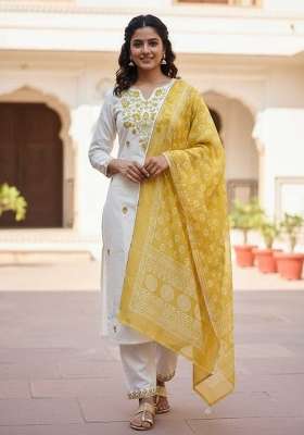 Yellow Embroidery Cotton Kurta Set