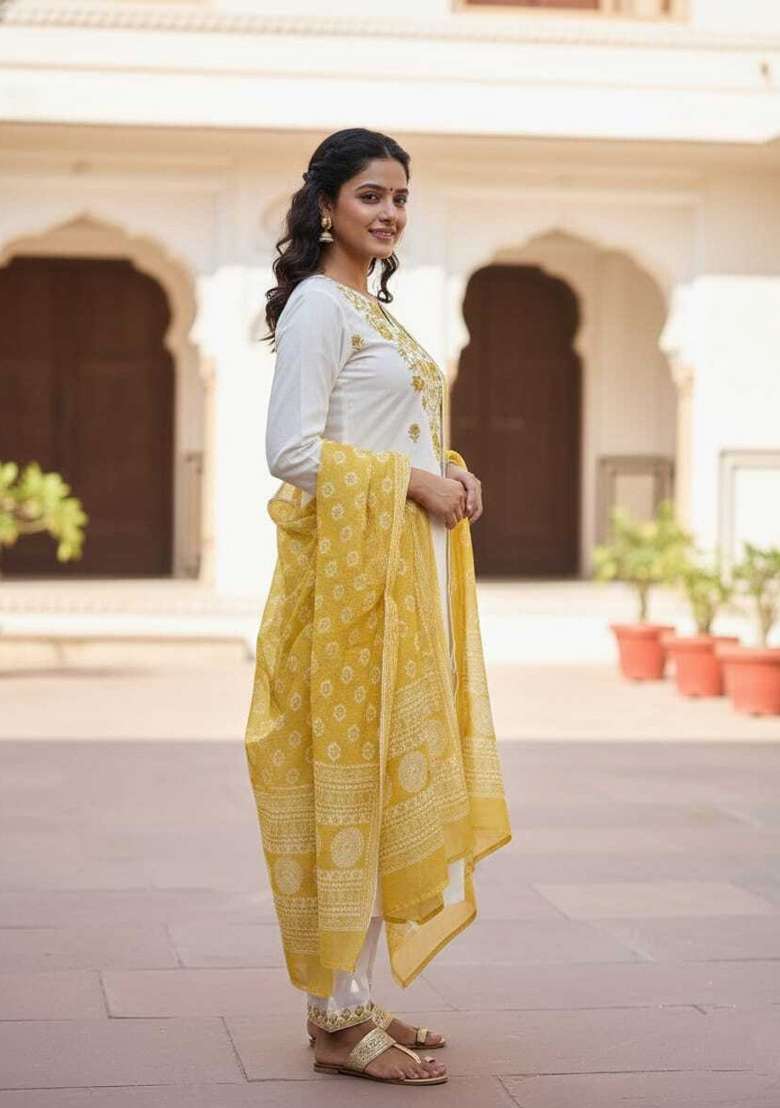 Yellow Embroidery Cotton Kurta Set - Indya