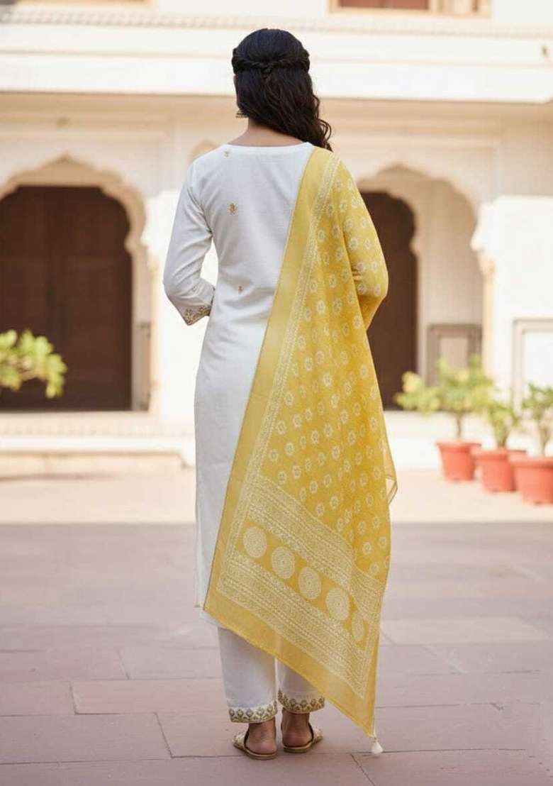 Yellow Embroidery Cotton Kurta Set - Indya