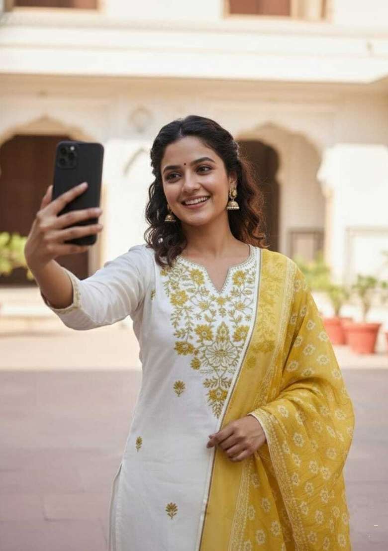 Yellow Embroidery Cotton Kurta Set - Indya